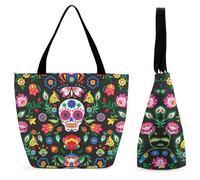 Lyfthologen Bolsa de mano con cremallera, bolsa de playa de dinosaurio blanco y negro, bolsa de hombro grande para uso diario, viajes, Calaveras mexicanas de azúcar, 28.5 x 18 x 32.5 cm