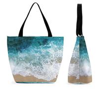 Lyfthologen Bolsa de mano con cremallera, bolsa de playa de dinosaurio blanco y negro, bolsa de hombro grande para uso diario, viajes, Hermosas olas del océano, 28.5 x 18 x 32.5 cm