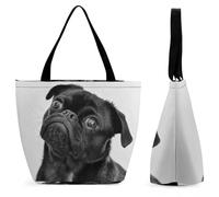 Lyfthologen Bolsa de mano con cremallera, bolsa de playa de dinosaurio blanco y negro, bolsa de hombro grande para uso diario, viajes, Lindo perro carlino negro, 28.5 x 18 x 32.5 cm