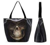 Lyfthologen Bolsa de mano con cremallera, bolsa de playa de dinosaurio blanco y negro, bolsa de hombro grande para uso diario, viajes, Calavera aterradora con sombrero negro, 28.5 x 18 x 32.5 cm