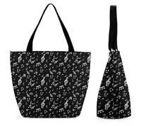 Lyfthologen Bolsa de mano con cremallera, bolsa de playa de dinosaurio blanco y negro, bolsa de hombro grande para uso diario, viajes, Nota musical, 28.5 x 18 x 32.5 cm