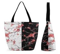 Lyfthologen Bolsa de mano con cremallera, bolsa de playa de dinosaurio blanco y negro, bolsa de hombro grande para uso diario, viajes, Flor de cerezo, 28.5 x 18 x 32.5 cm
