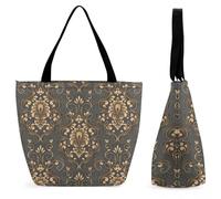 Lyfthologen Bolsa de mano con cremallera, bolsa de playa para educación matemática lineal, bolsa de hombro grande para uso diario, viajes, Paisley rococó floral con dorado, 28.5 x 18 x 32.5 cm
