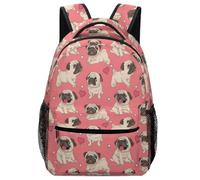 Lyfthologen Mochila casual de tela Oxford duradera, mochila de dinosaurio blanco y negro, bolsa universitaria para niños, niñas, viajes, deportes, Pug y fondo rosa, One Size