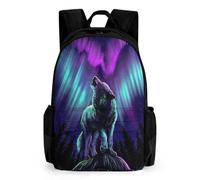 Lyfthologen Mochila de día, bonita mochila de dinosaurios de anime, mochila con bolsillos para senderismo, camping, viajes, Lobos aullan en la aurora boreal, 42x30.5cm