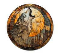 Lygond Letrero de metal circular de estaño con vidrieras de color gris, lobo gris, regalo de jardín para restaurante, 30,5 x 30,5 cm