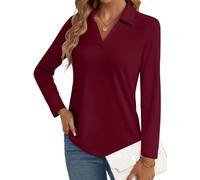 LYHIPSS Blusa tipo polo de manga 3/4 para mujer, estilo casual, cuello en V, para negocios, trabajo, 2025, a la moda, Manga larga rojo, M