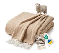 LYHome Manta Lana Merino, Plaid Cálida y Suave para Sofa y Cama 140x200 cm | 80% Lana, 20% Nylon, OEKO-TEX. Mantas Decorativas, Interior y Exterior - Dormitorio, Sala, Camping, Coche | Beige con Chevrón