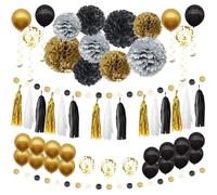Lyivisk Juego de 57 guirnaldas de decoración para fiestas, color negro, dorado, plateado, con guirnaldas, pompones, borlas, guirnaldas en espiral para bodas, cumpleaños, carnaval y Año Nuevo