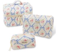 LYkotama Juego de bolsas de maquillaje, bolsas de cosméticos grandes de viaje para mujer, 3 bolsas de maquillaje florales, bolsa organizadora de artículos de tocador acolchada de algodón, bolsa de