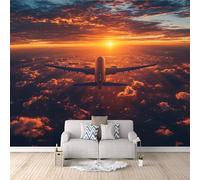 LYNNB Murales de pared para dormitorios, papel pintado fotográfico de avión, 200 x 140 cm (ancho x alto) no tejido, papel pintado 3D, nubes, puesta de sol, aviones de transporte, póster de arte