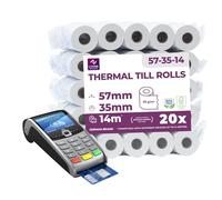 LYNNE - Rollos Papel Datafono Térmico 57x35x12mm para todos los TPV y las impresora térmica - Rollo papel térmico 57mm x 35mm x 14m - Ideal para máquinas de tarjetas de Crédito - Papel TPV [20x]