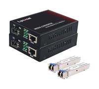 Lynxcel Convertidor de medios Gigabit Ethernet de fibra monomodo, 10/100/1000Base-TX a 1000Base-LX SFP RJ45 convertidor de cobre con 2 módulos transceptores LC duales, 1.25Gbps SMF 1310nm, hasta 20km