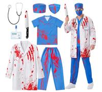 LYPPUL Halloween Disfraz Zombie Médico Hombre, Traje Horror Cirujano Conjunto, Trajes Cirujano Halloween Adulto con Bata Camiseta Pantalones Gorro para Hombres Conjunto Traje Carnaval Cosplay