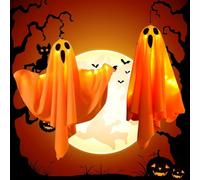 Lypumso Decoracion Halloween Fantasma Naranja, 2 Piezas Led Halloween Fantasmas Colgantes con Luces, con 3 Modos de Iluminación, para Exterior Interior Adornos Casa, Porche, Jardín, Patio, Árbol