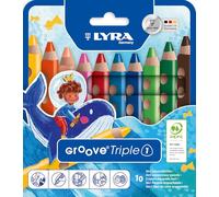 Lyra Groove Triple One, Lápices de colores de madera Lyra Groove Triple One 3 en 1, triangulares, gruesos, lacados, mina de 10.0mm, estuche de cartón, 10 colores surtidos, 10 unidades