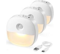 Lyridz Luces nocturnas con sensor de movimiento (paquete de 3), luz nocturna recargable por USB, luces con sensor de movimiento para interiores, modos de encendido/apagado/automático con palo