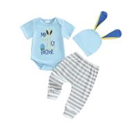 LYSINK Conjunto de 3 piezas para bebé recién nacido, diseño de Mi primera Pascua, manga corta, cuello redondo, gorro con orejas de conejo, pantalones casuales, azul, 3-6 meses