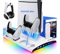 LYtech Soporte para PS5/PS5 Slim con Ventilador de 3 Velocidades, Cargador para Mando PS5 con Luz LED, Base PS5 Soporte PS5 Vertical con 3 Puertos USB y Ranuras de 13 Juegos para PS5 Consola (Blanco)