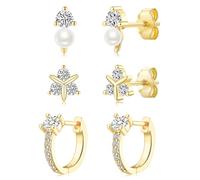 LYTOPTOP Pendientes de tuerca dorados para mujer, 3 pares de aretes hipoalergénicos para cartílago pequeño, juego de aretes para múltiples piercings, Trio Cz, Latón, Circonia cúbica