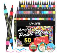 Lyuvie 100 Colores Rotuladores Acrílicos Set, 50 Unid Rotuladores Doble Punta Fina & Pincel, Acrílicos Permanentes para Pintar en Piedras, Tela, Madera, Vidrio, Papel, Plástico