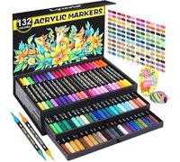 Lyuvie 132 Colores Rotuladores Acrilicos Set,66 Unid Acrylic Paint Brush Markers de Pincel, Rotuladores Acrílicos Permanentes para Pintar Piedras Tela Madera Vidrio Papel Plástico