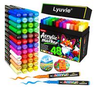 Lyuvie 48 Colores Rotuladores Acrilicos con Pincel a Base de Agua, Permanentes Acrylic Brush Markers para Pintar Piedras,Tela,Papel, Guijarros,Madera,Vidrio y Plástico