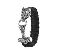 LYVQZPWLR Pulseras de cuero para hombres, Pulsera vikinga Mjolnir Paracord con colgante de cabeza de lobo de acero inoxidable multicolor 19-23cm(Silver-19cm)