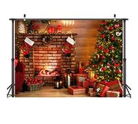 LYWYGG 10x10FT Chimenea de Navidad Telón de fondo de Navidad Medias de Navidad Fondo de árbol de Navidad Fotografía familiar Fondo de Navidad Decoración del hogar CP-299-1010