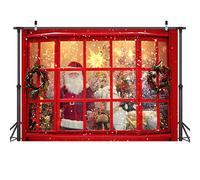 LYWYGG 7x5FT Fondo de Navidad Fondo de Fotografía de Papá Noel Ventana Roja de Invierno Decoración del Hogar Fondo de Regalo de Copo de Nieve Fondo de Feliz Navidad Accesorios de Estudio CP-300