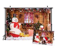 LYWYGG 7x5FT Telón de Fondo de Fotografía para Navidad - Muñeco de Nieve, Casa de Vacaciones, Árbol y Regalos - Fondo para Fiesta y Decoración CP-98