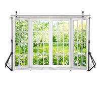 LYWYGG 7x5FT Telón de Fondo de Primavera de telón de Fondo Blanco para Ventana videoconferencia fotografía telón de Fondo de Paisaje al Aire Libre telón de Fondo de Oficina en casa CP-472