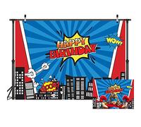 LYWYGG 7x5FT Vinilo Colorido Fotografía Telón de Fondo Edificios de la Ciudad Dibujos Animados Superhéroe Cumpleaños Cumpleaños Niños Photocall para Fiesta Studio Props CP-135