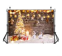 LYWYGG 8x6FT Fondo de Navidad Dorado Con Árbol, Muñeco de Nieve y Tablones de Madera - Telón de Fondo para Fotografía CP-207-0806