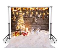 LYWYGG 8x8FT Fondo de Navidad Con Árbol Dorado, Muñeco de Nieve y Tablones de Madera - Telón de Fondo para Fotografía CP-207-0808