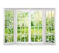 LYWYGG Fondo de paisaje de ventana de primavera de 7 x 5 pulgadas, ventana blanca, sol, bosque, árboles, hierba, flores, paisaje natural, país de las maravillas, fondo de fotografía para boda,