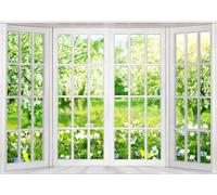 LYWYGG Fondo primaveral con ventana blanca para videoconferencias y fotografía, paisaje realista para casa y oficina, decoración del hogar CP-472