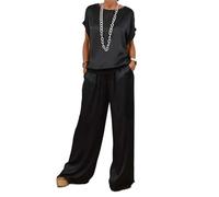 LYXYGMV Traje de satén de Talla Grande for Mujer, Top Negro con Cuello en V, Pantalones Largos, Trajes Holgados, Conjuntos de Ropa Informal de Verano a la Moda for Mujer para Playa y Verano(Black,XL)