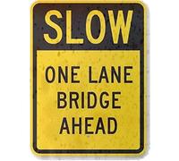 LYYUCKE Cartel de estaño de 12 x 8 pulgadas con texto en inglés "New Road Slow - One Lane Bridge Ahead" de aluminio de grado de ingeniero, placa de pared retro vintage