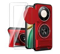 LYZXMY Funda para Honor Magic 8 Lite-Pack Incluye 2 Protectores de Pantalla + Soporte Doble (Anillo Giratorio 360° y Extensible) + Tapa Deslizable para Cámara-Rojo