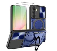 LYZXMY Funda para Samsung Galaxy A56 5G / A36 5G+ 2 x Tvidrio Templado Protector de Pantalla, con Soporte de Metal Anillo Holderd y la Cubierta de la cámara de Diapositivas Carcasa- Azul