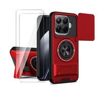 LYZXMY Funda para Xiaomi 15T Pro 5G-Pack Incluye 2 Protectores de Pantalla + Soporte Doble (Anillo Giratorio 360° y Extensible) + Tapa Deslizable para Cámara-Rojo
