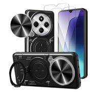 LYZXMY Funda para Xiaomi Redmi 14C/Xiaomi Poco C75+ 2 x Tvidrio Templado Protector de Pantalla, con Soporte de Metal Anillo Holderd y la Cubierta de la cámara de Diapositivas Carcasa- Negro