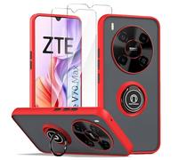 LYZXMY Funda para ZTE BladeV70 MAX Rojo con Soporte de Anillo+2 x Protector de Pantalla de Vidrio Templado,PC +TPU A Prueba de Golpes Anti-arañazos Caso
