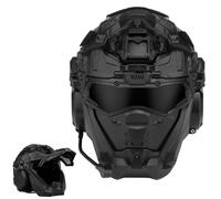 LZAQHMT Casco Táctico De Asalto para Airsoft con Auriculares HD Integrados, Máscara Facial Completa Y Ventilador Antivaho - Equipo Táctico Ajustable para Exteriores para Caza Y Airsoft(Matte Black)