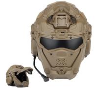 LZAQHMT Casco Táctico De Asalto para Airsoft con Auriculares HD Integrados, Máscara Facial Completa Y Ventilador Antivaho - Equipo Táctico Ajustable para Exteriores para Caza Y Airsoft(Coyote Brown)