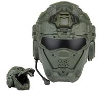 LZAQHMT Casco Táctico De Asalto para Airsoft con Auriculares HD Integrados, Máscara Facial Completa Y Ventilador Antivaho - Equipo Táctico Ajustable para Exteriores para Caza Y Airsoft(Ranger Green)