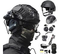 LZAQHMT Casco Táctico Fast para Airsoft Paintball - Auriculares Militares con Cancelación Ruido Captación Sonido, Gafas Protectoras, Linterna Potente Equipo Cosplay para Caza Al Aire Libre(BK)