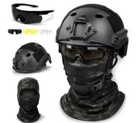 LZAQHMT Conjunto De Casco Táctico 3 En 1 Incluye Gafas De 3 Lentes, Pasamontañas Y Máscara Facial, Ajustable De 52 A 64 cm para Airsoft Y Paintball(Black)