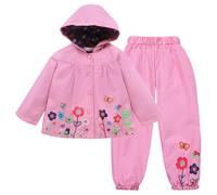 LZH - Chubasquero para niñas, impermeable, con capucha, chaqueta y pantalones, 2 piezas, conjunto de ropa para exteriores, rosa, 1-2 años (90)
